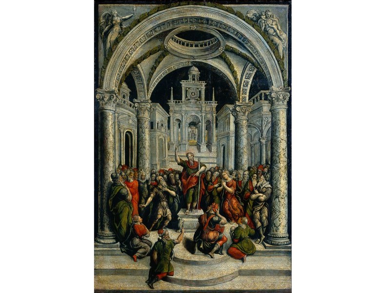 Girolamo Comi (Modena 1507-1581). La predica di San Paolo nell'Aeropago di Atene. Tempera e argento su tavola