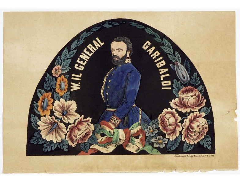 Artista milanese. 'Cartoccio' per la luminarie con in ritratto di Giuseppe Garibaldi. Incisione acquerellata su carta. 1861 circa