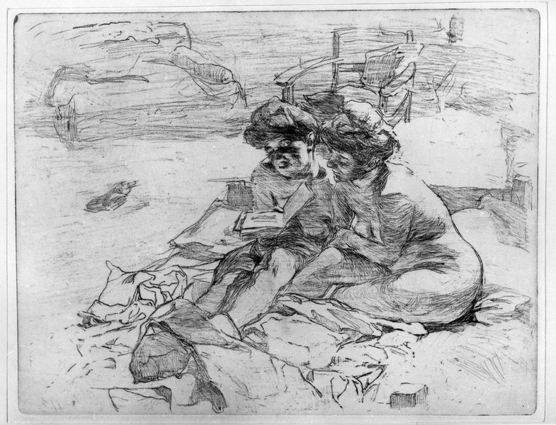 Giuseppe Graziosi. Due donne sedute intente a leggere. Acquaforte a un colore (seppia) su carta bianca. 1903
