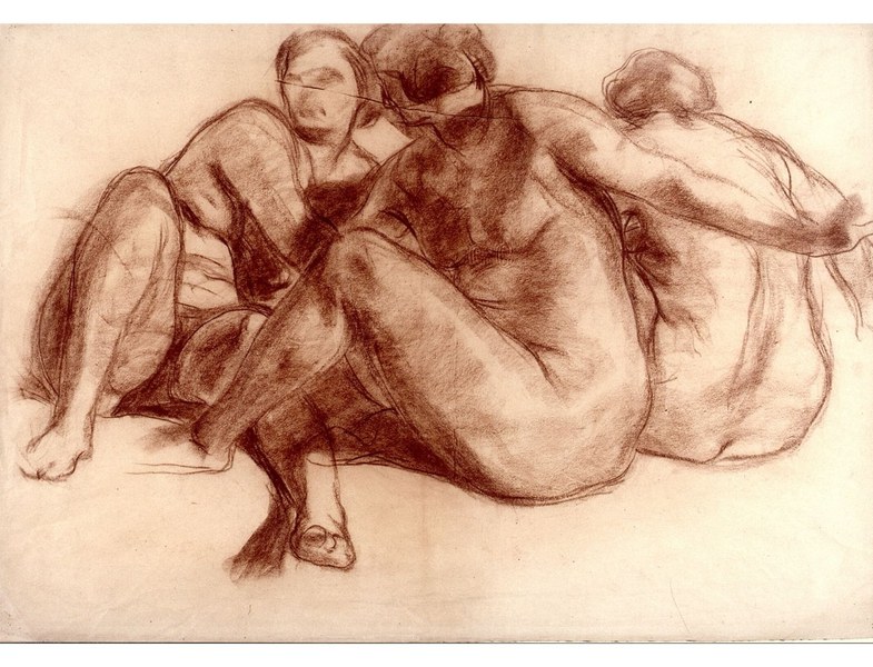 Giuseppe Graziosi. Tre nudi femminili. Sanguigna su carta giallina. 1920-1925