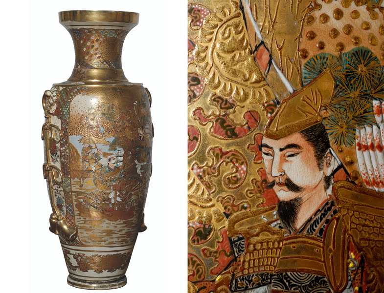 Grande vaso in porcellana e particolare della ricca decorazione con smalti policromi e oro. Manifattura satzuma. Giappone, secolo XIX