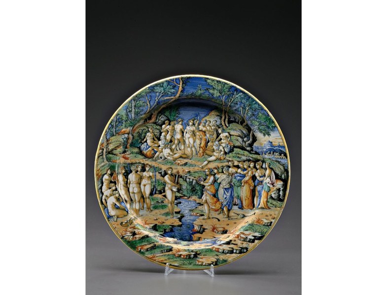 Maestro urbinate della Bottega di Orazio Fontana. Piatto da parata istoriato. Maiolica dipinta. 1550 circa