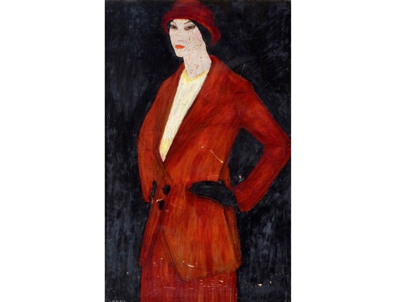 Ubaldo Oppi (Bologna 1889- Vicenza 1942). Donna con abito rosso, 1913. Olio su cartone